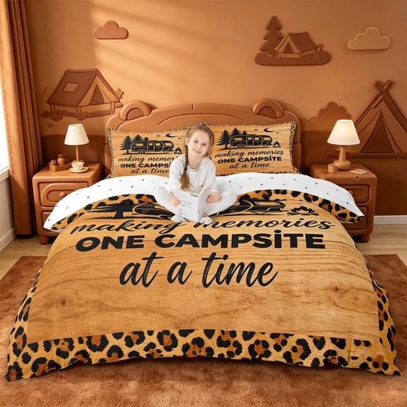Catabedysis Cheetah Pattern Camping Bedding For Girls,Wooden Leopard Print Duvet Cover Full,Multicolor,Reversible,3-Piece,1 Duvet Cover and 2 Pillowcases