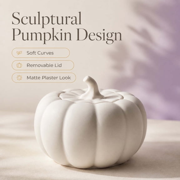 White Matte Ceramic Pumpkin Scented Candle, Fall & Thanksgiving Aromatherapy Soy Wax Candle with Wood Wick and Lid, Reusable Halloween Home Decor Jar