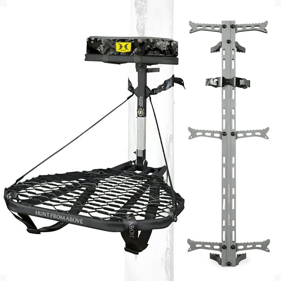 Hawk COMBAT Hang-On Hunting Tree Stand w/ Set of 3 Helium Climbing Sticks