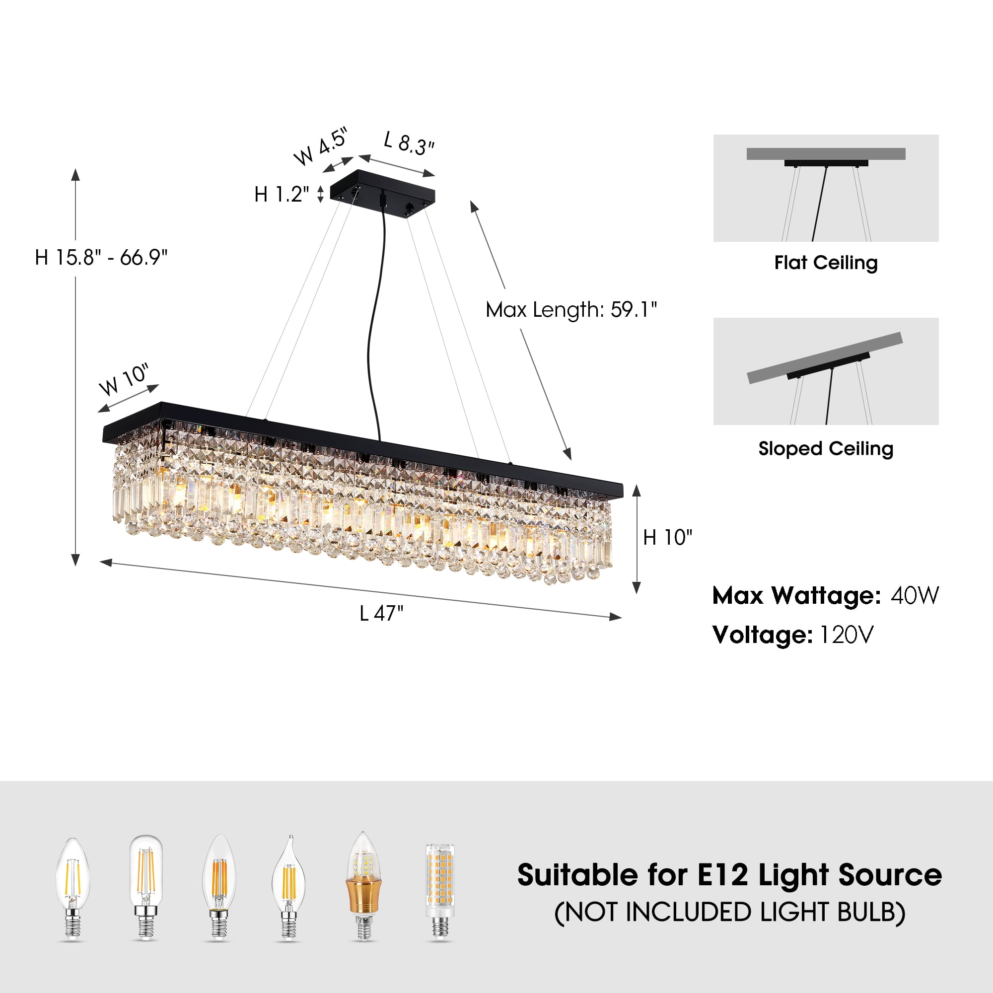 HOOMEDELIER Modern Crystal Chandelier,47" Rectangular Chandelier Pendent Light Fixture,Ceiling Chandelier for Indoor
