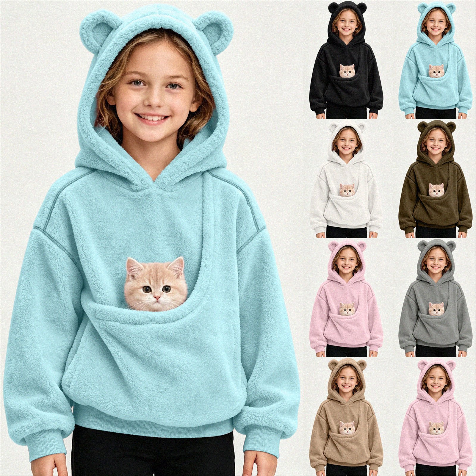NOLDARES Girls Cute Bear Ears Pet Pouch Hoodie Kids Cozy Fleece Pullover Sweatshirt with Dog Cat Holding Pocket Warm Animal Carrier Hooded Tops Pink 11-12 Years
