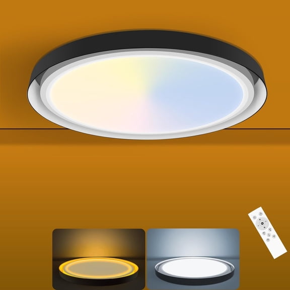 13-inch Flush Mount Ceiling Light with LED and Night Light, 24W 2400LM, Dimmable with Remote, Adjustable Color Temperature (3000K-6500K), for Bedroom, Kitchen, Bathroom, Black