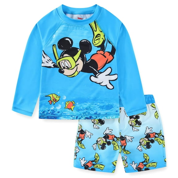Disney Mickey Mouse UPF 50 Rash Guard and Swim Trunks Swimsuit (Boys), 2 Piece Set, Sizes 12M-7