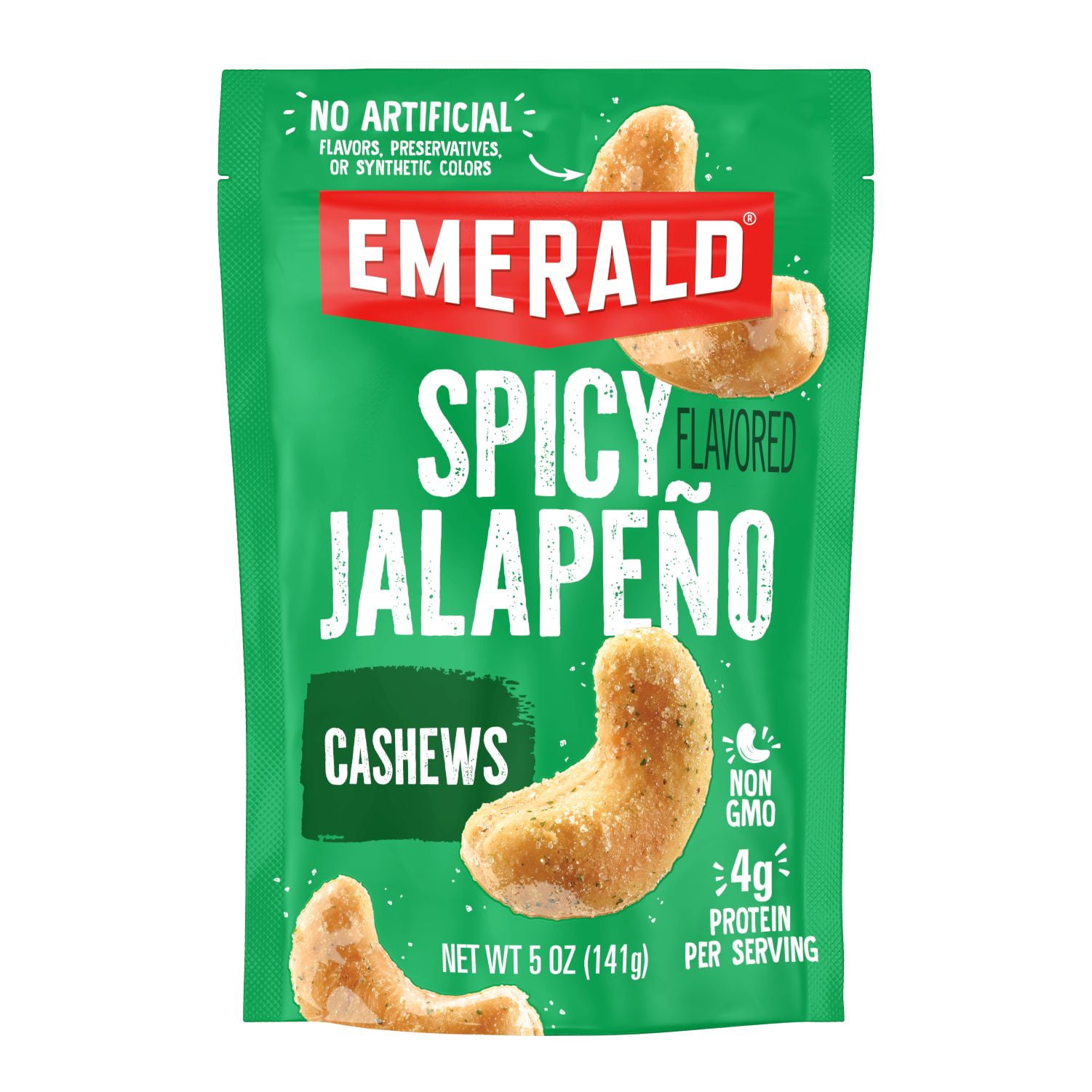 Emerald Nuts Jalapeno Cashews, 5 oz, Resealable Bag (Pack of 4)