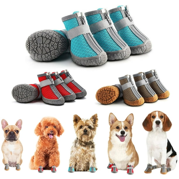 Botas para perros (4 unidades), zapatos para mascotas para caminar. Suela de tela transpirable que protege las patas en pavimento caliente y nieve fría (Café).