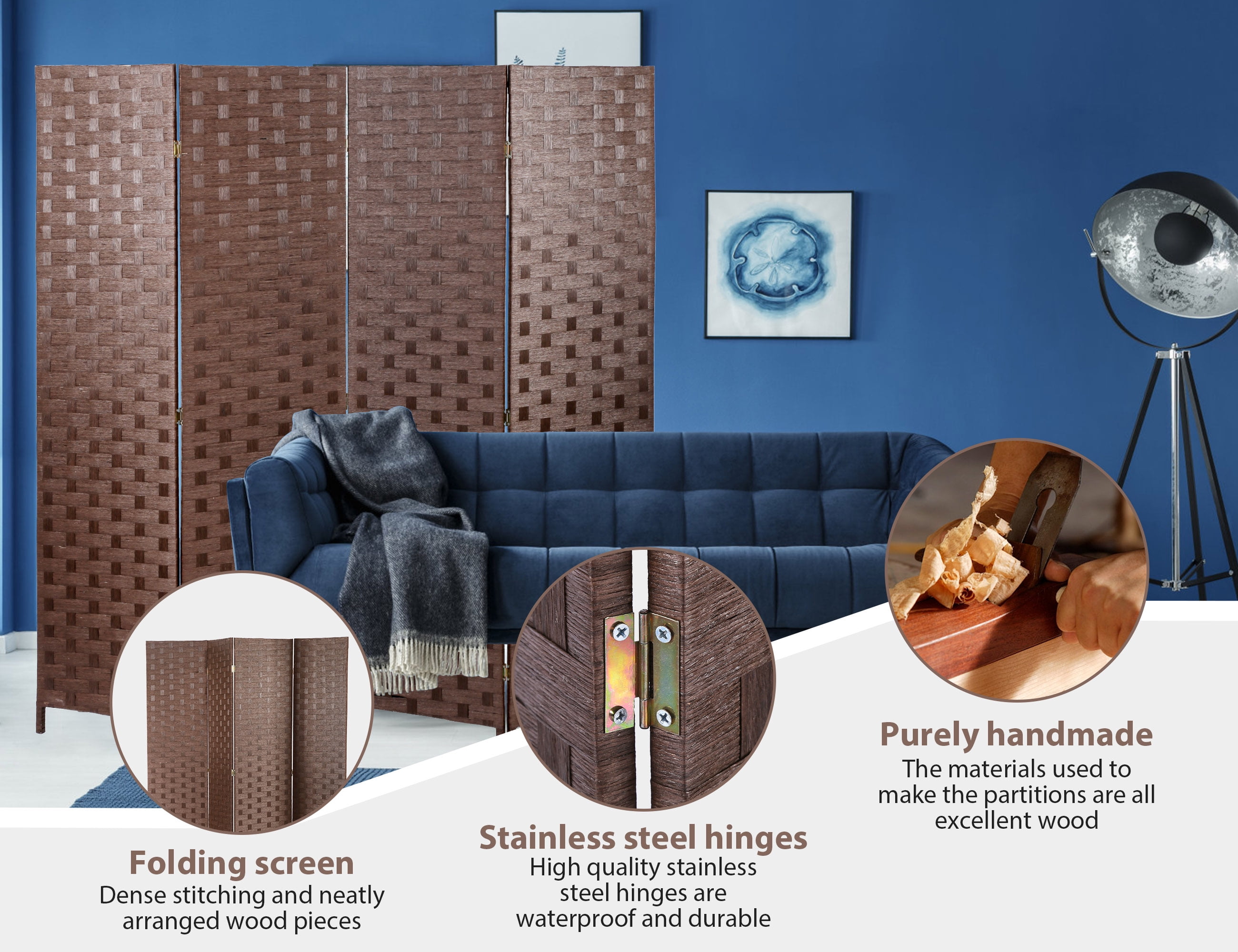 YRLLENSDAN 4 Panel Room Dividers, 6FT Room Partitions and Dividers for Room Separation Hand-Woven Design Portable Wall Folding Screen Privacy Screens, Brown