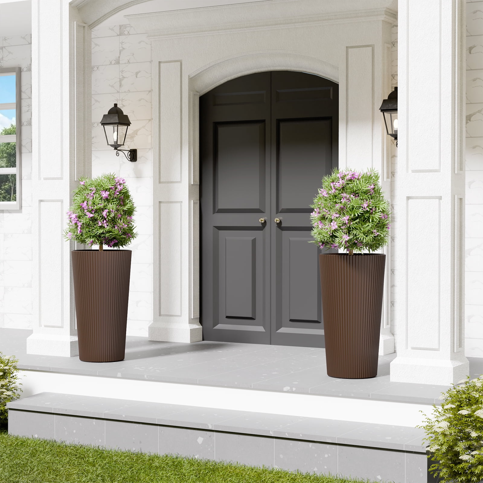 Chiccushion Tall Round Planter Set of 2, 23.6 Inch Tall Decorative Planter Pots for Outdoor Indoor Garden Patio Front Porch, Brown