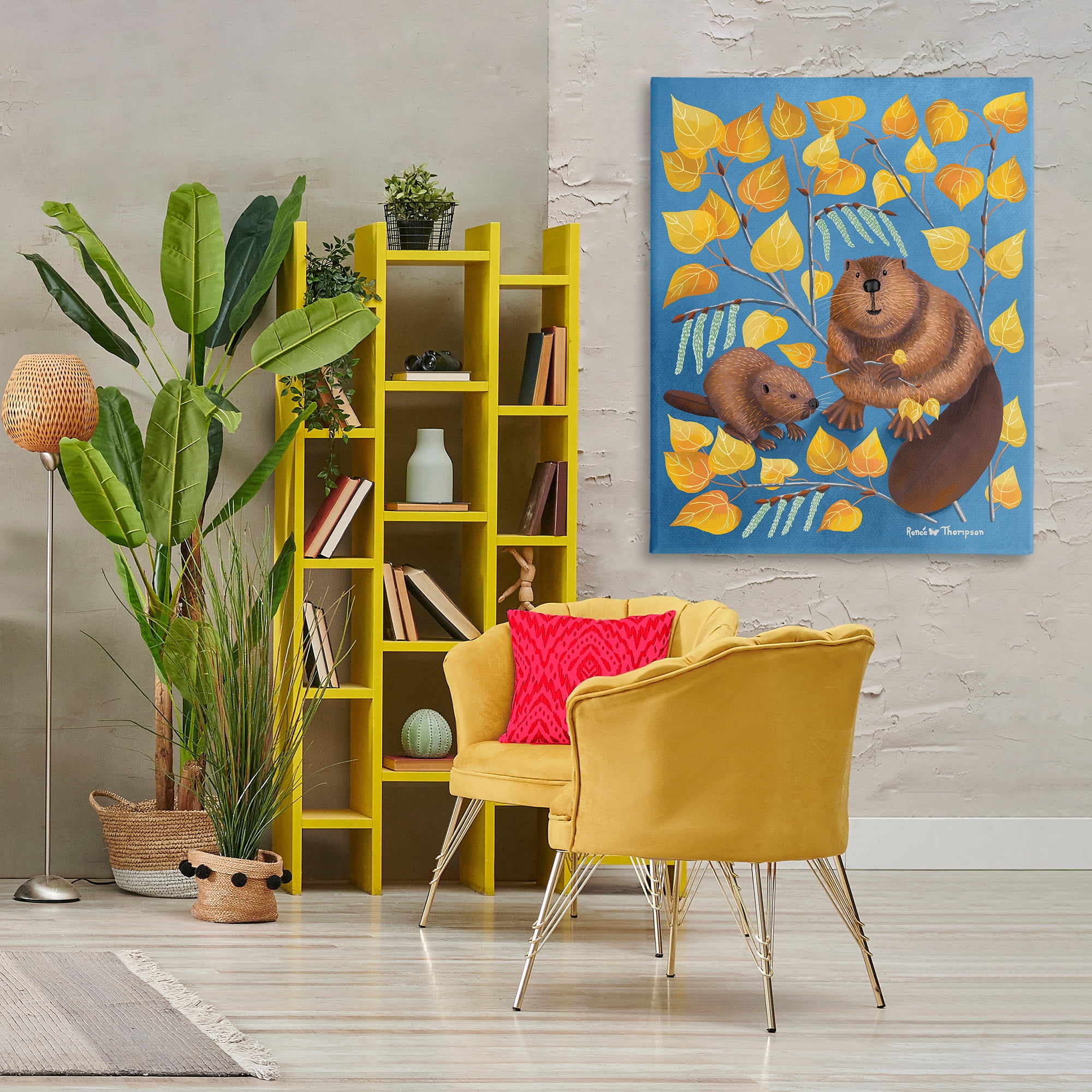 Stupell Industries Beaver & Quaking Aspen Animals Painting Wrapped Canvas Art Print Wall Art, 36 x 48