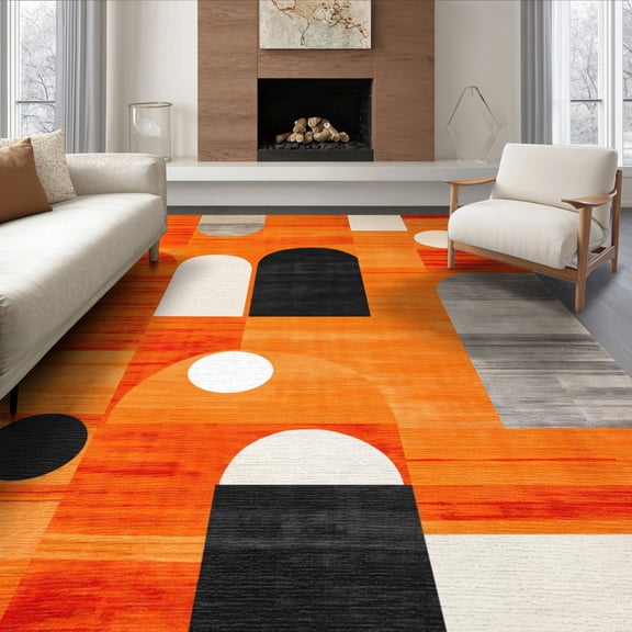 ODIKA 8'x10' Washable Area Rug Orange Abstract Mid Century Arches Muted Accents, Symmetrical Minimalist Design for Dining Room, Large Office, Lounge, Non-Slip Chair-Friendly Mat