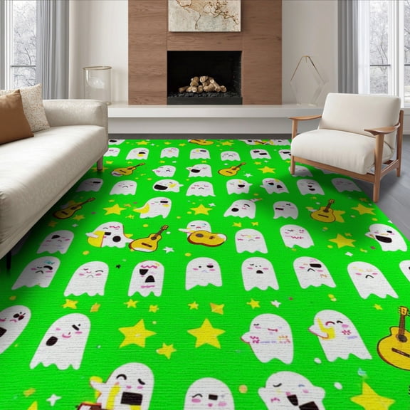 ODIKA 8'x10' Washable Area Rug Ghost Guitar Cartoon Halloween Motif Starry Border Kawaii Faces for Living Room, Under Sectional, Family , Durable, Non-Slip
