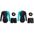 thumbnail image 3 of YiZYiF Kids Girls Gymnastic Dance Outfit Long Sleeve Shiny Rhinestone Leotard with V-front Waistband Shorts Hair Band Lake Blue&Black 16, 3 of 4