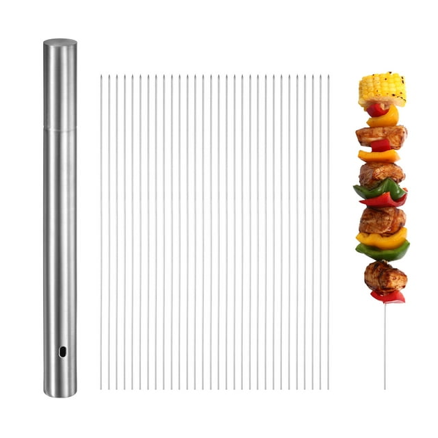 Paquete de 100 brochetas, brochetas de metal de 11" de acero inoxidable 304 con tubo de almacenamiento portátil