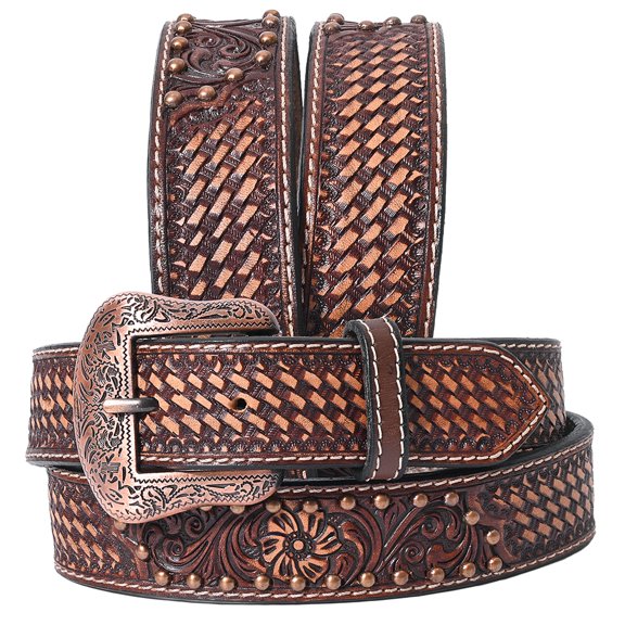 BE BAR H EQUINE Floral Basket Hand Tooled Western Leather Men And Women Belt Brown
