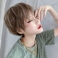 thumbnail image 3 of Korean Fashion 11 Inch Cool Short Bob Wig for Women, Natural Straight Synthetic Short Cosplay Wigs with Bangs For Cosplay and Daily Wear D-128, Honey Tea Linen, 3 of 5
