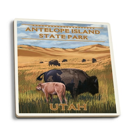 

Antelope Island State Park Utah Bison and Calf Grazing (Absorbent Ceramic Coasters Set of 4 Matching Images Cork Back Kitchen Table Decor)