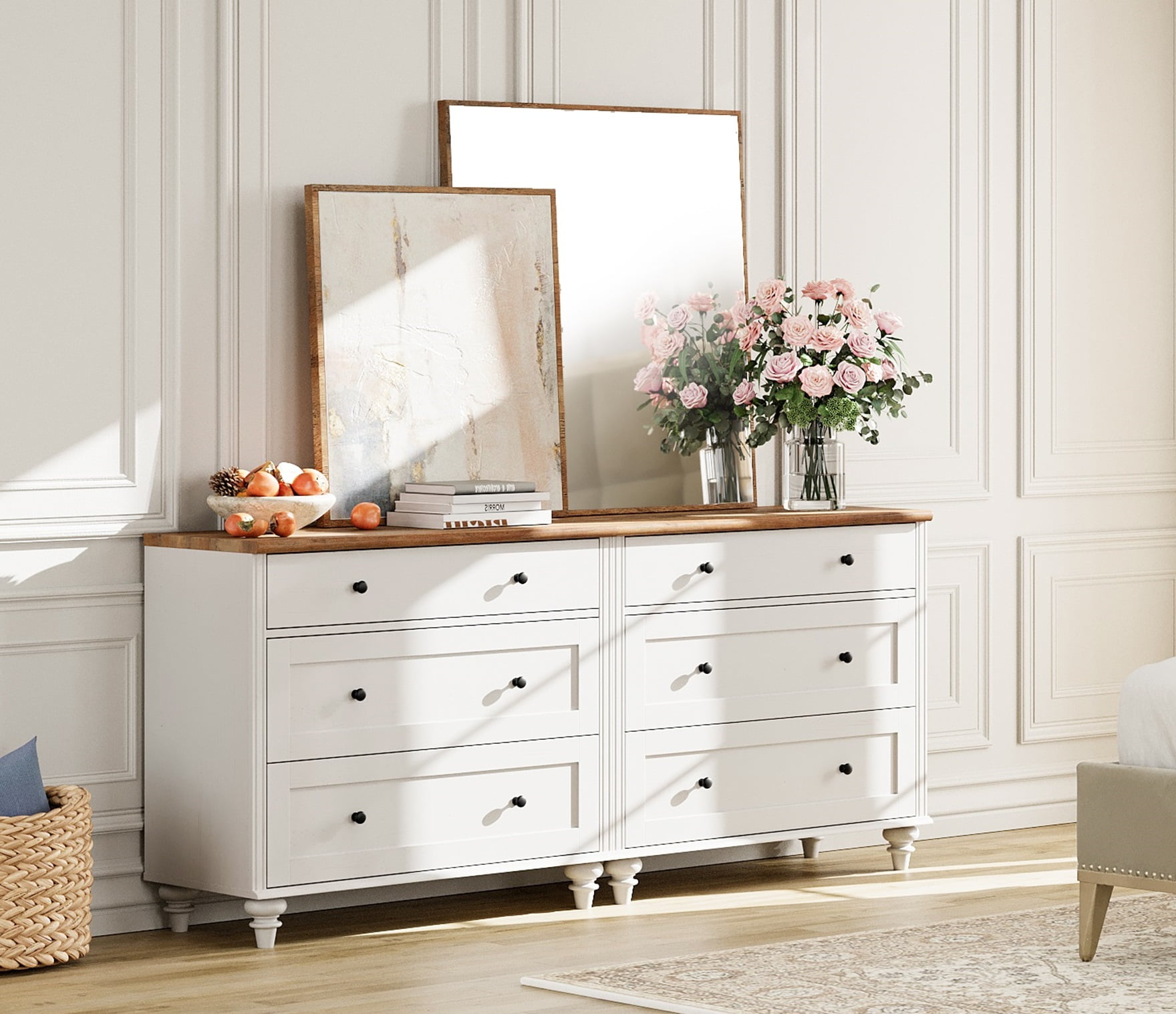Farmhouse Set of 2 End Table with 6 Drawers, Large Mid Century Modern Wood Bedside Table Night Stand, Wide Sofa Side End Table 6 Drawers Chest of Dresser for Living Room, Bedroom, White