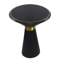 22 Inch Round Mango Wood Side Table, Smooth Brass Accents, Black Finish- Saltoro Sherpi