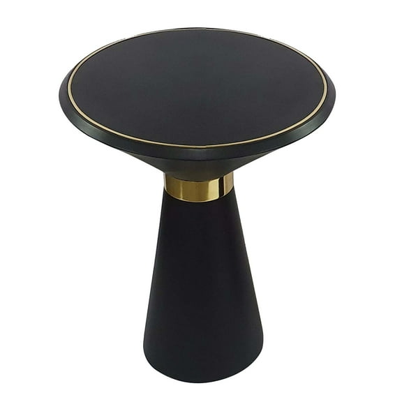 22 Inch Round Mango Wood Side Table, Smooth Brass Accents, Black Finish- Saltoro Sherpi