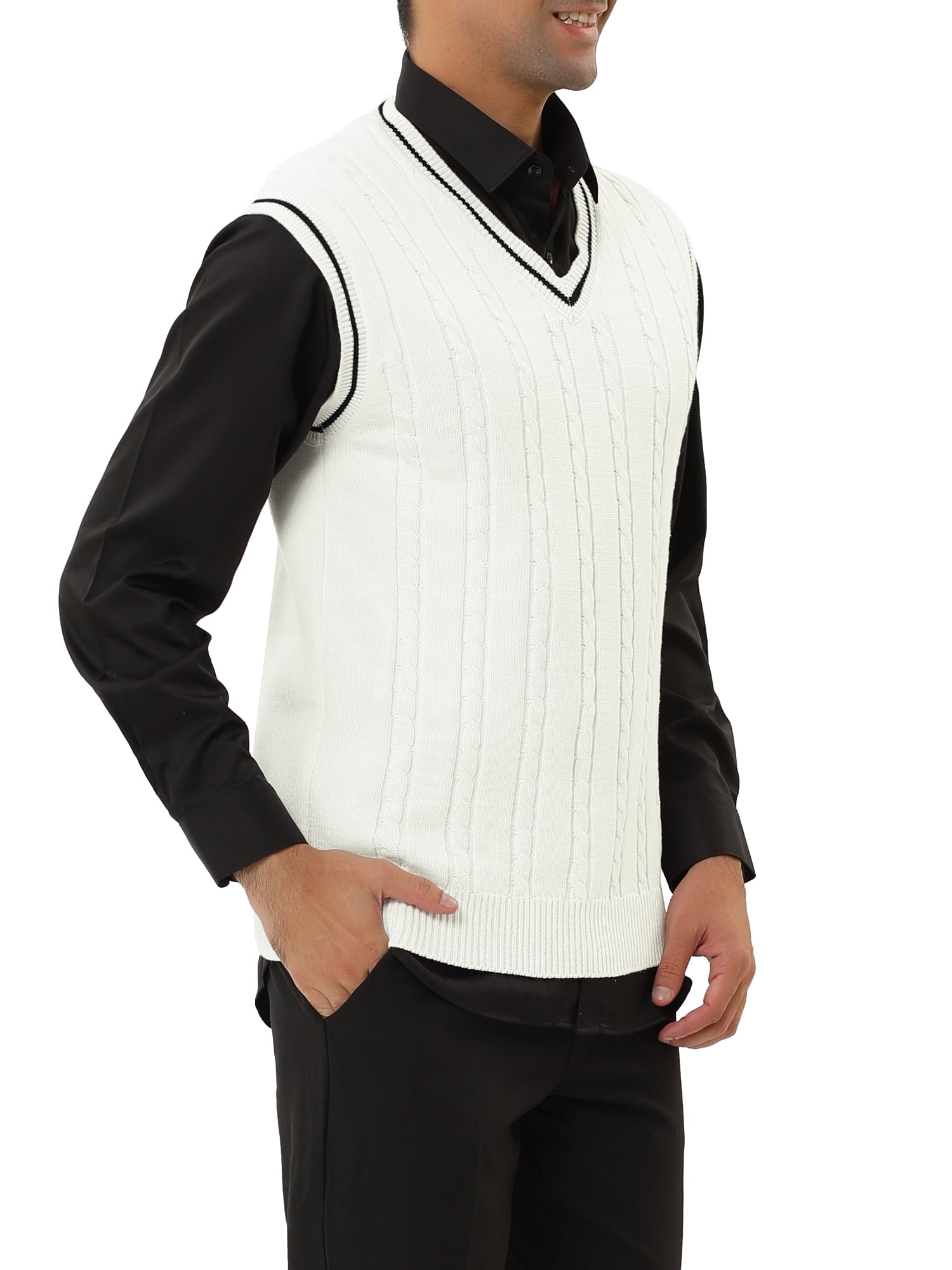 Unique Bargains Men's Classic Knitted Sleeveless V-Neck Pullover Sweater Vest S White