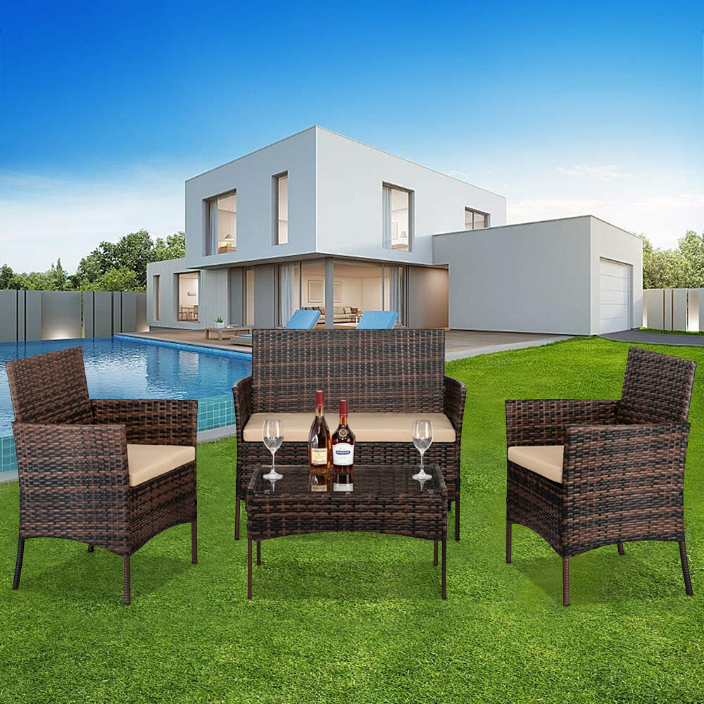 4 Pieces Outdoor Patio Furniture with Cushions, Brown PE Rattan Wicker Table and Chairs Set for Backyard Porch Garden Poolside Balcony, W9486 - image 3 of 11