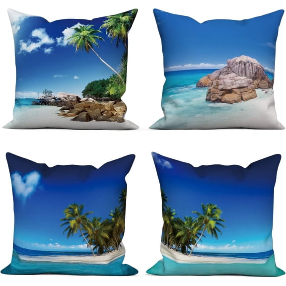 18x18 inches 4pcs Seaside Natural Landscape Linen Pillow Covers Tropical Palm Trees Blue Sky Beach Scene Square Throw Pillow Case Home Decorative for Sofa Bedroom Office Car Living Room