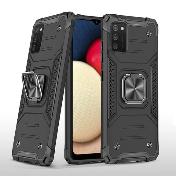 Phone Case for Samsung Galaxy A02s Armor Hybrid with Ring Holder Kickstand Shockproof Heavy-Duty Durable Rugged Dual Layer Cover for Galaxy A02S - Black