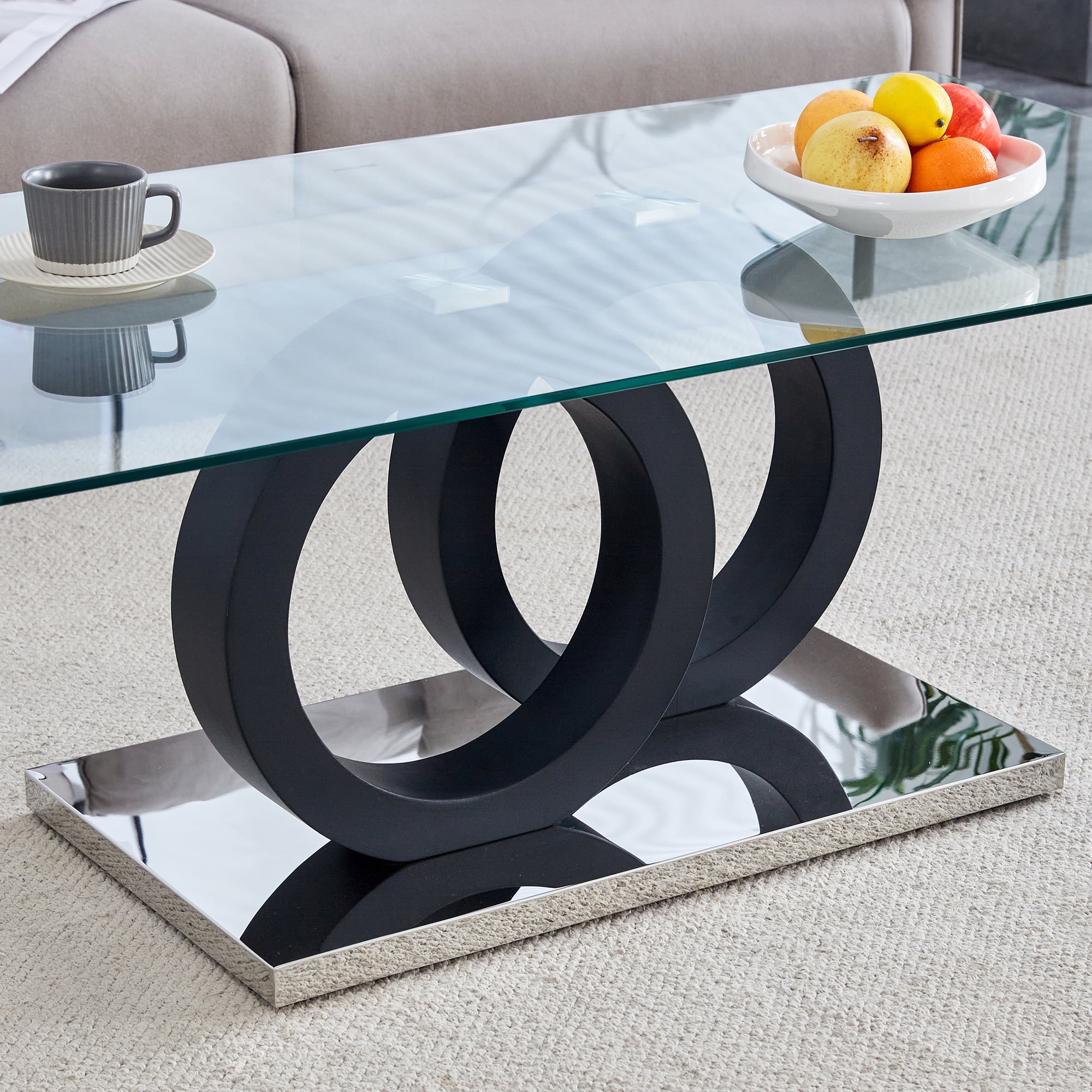 TesNus Glass Coffee Table for Living Room, Modern Rectangular Center Table, 47” Living Room Table with Clear Tempered Glass Top and Steady Black OO Shaped Base