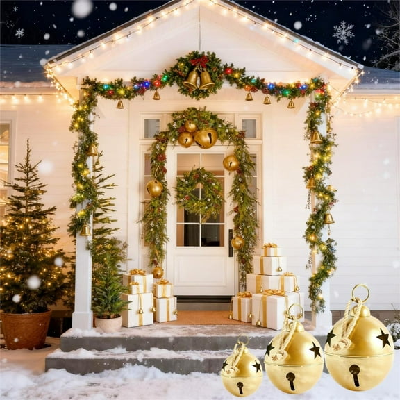 3PCS Oversized Vintage Christmas Bells – Large Hanging Metal Ornaments 8/10/14in for Tree, Door, Fireplace, Indoor Outdoor Holiday Rustic Decoration