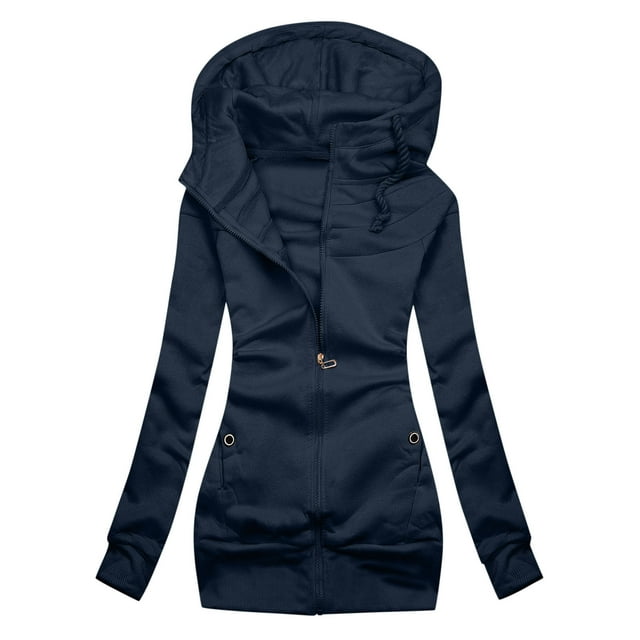 Womens Full-Zip Jackets Hoodies Long Sleeve Mid-length Sweatshirt Tunic Print Hooded Coat with Thumb Holes