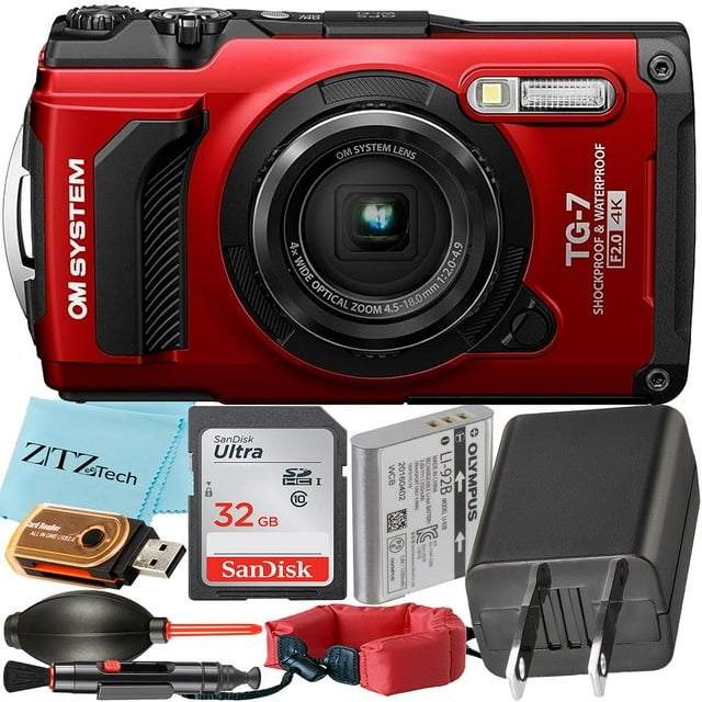 Olympus OM SYSTEM Appareil Photo Numérique TG-7 (Rouge) + Carte Mémoire SanDisk 32 Go + Ensemble d'Accessoires ZeeTech (Kit de Démarrage)