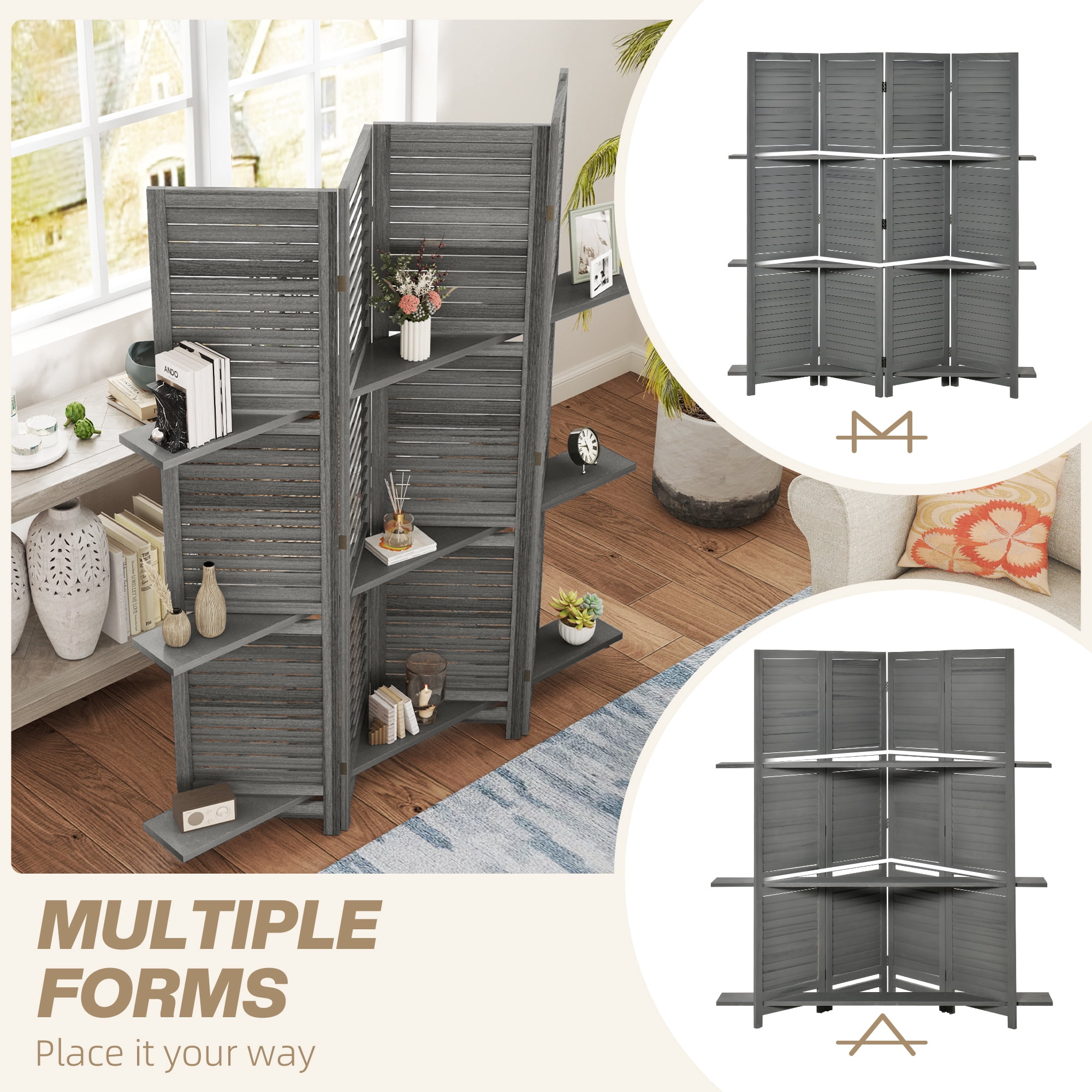 HOMCOM 4 Panel Privacy Screen, Room Divider with 3 Shelves Distressed White