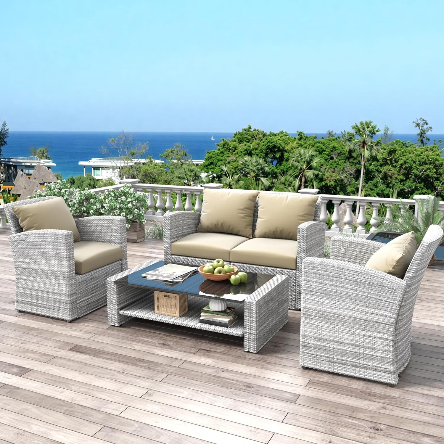 4 Pieces Patio Conversation Set, Outdoor Furniture Set with Cushion, Outside Sectional Rattan Wicker Sofa  Furniture Set for Garden, Porch, Backyard, Khaki