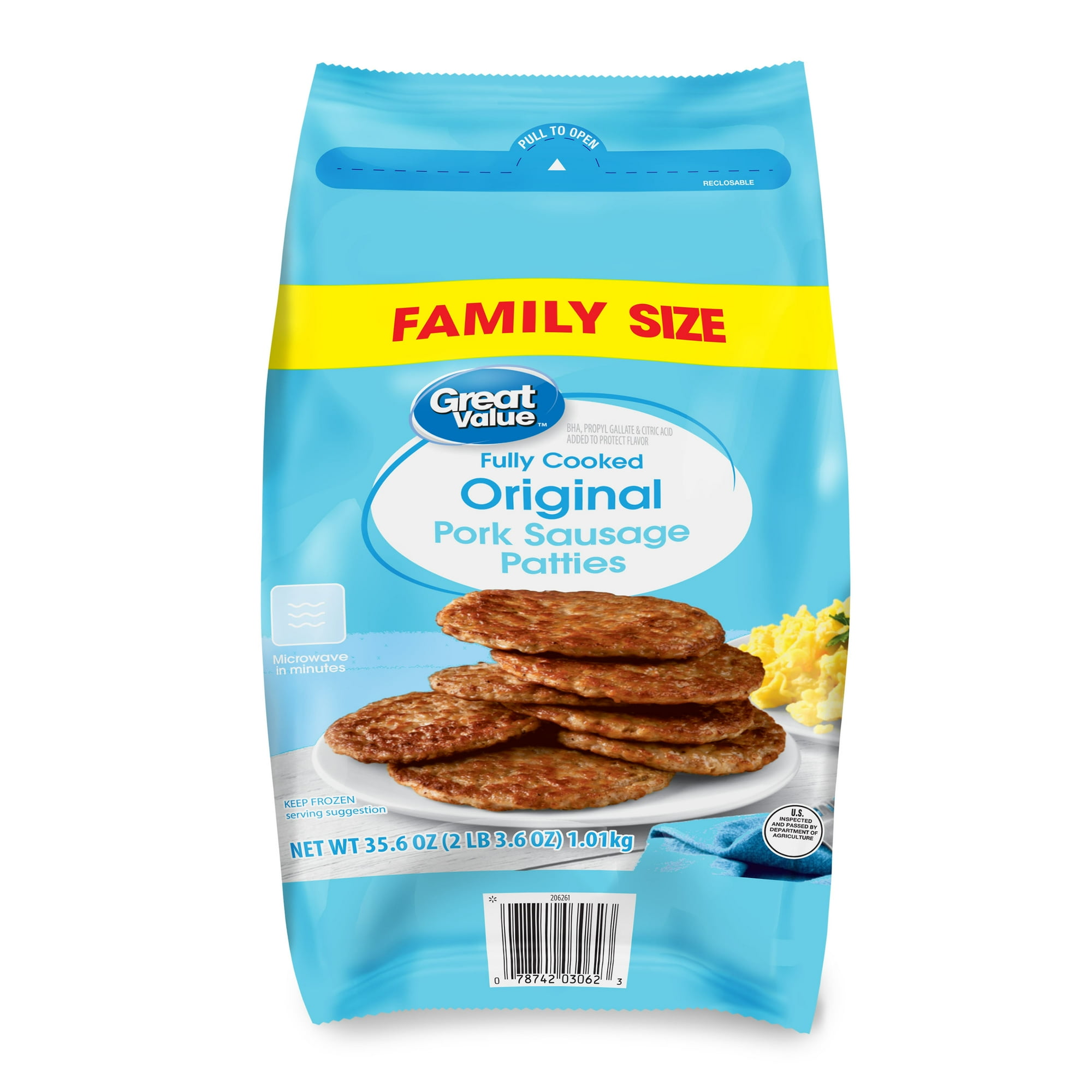Great Value Fully Cooked Original Frozen Pork Sausage Patties, Family Size, 35.6 oz bag