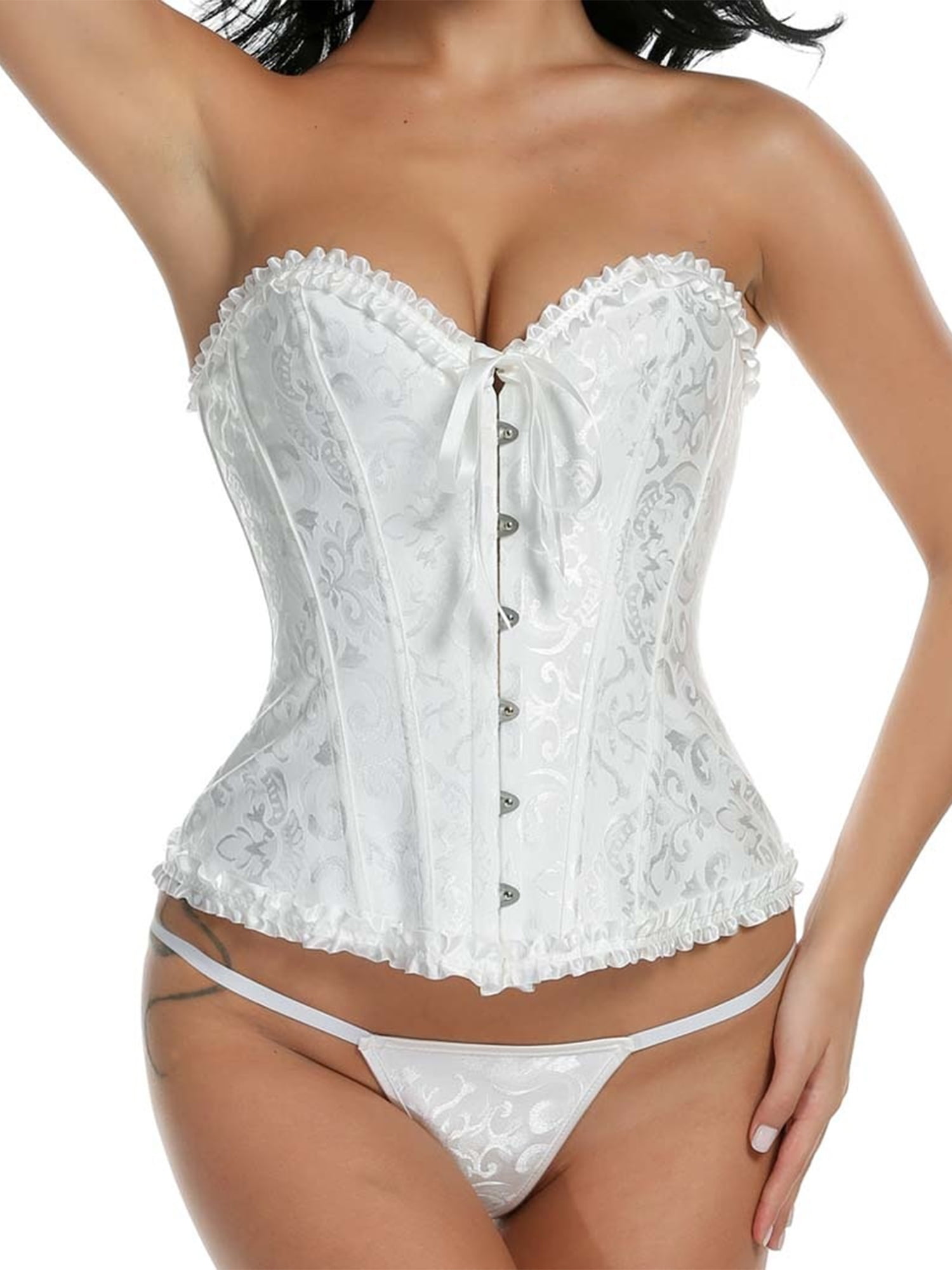 Sexy Women's Fashion Lace up Overbust Corset Plus Size Waist Training  Corsets Bustier Top Corselet with Thong,S-6XL