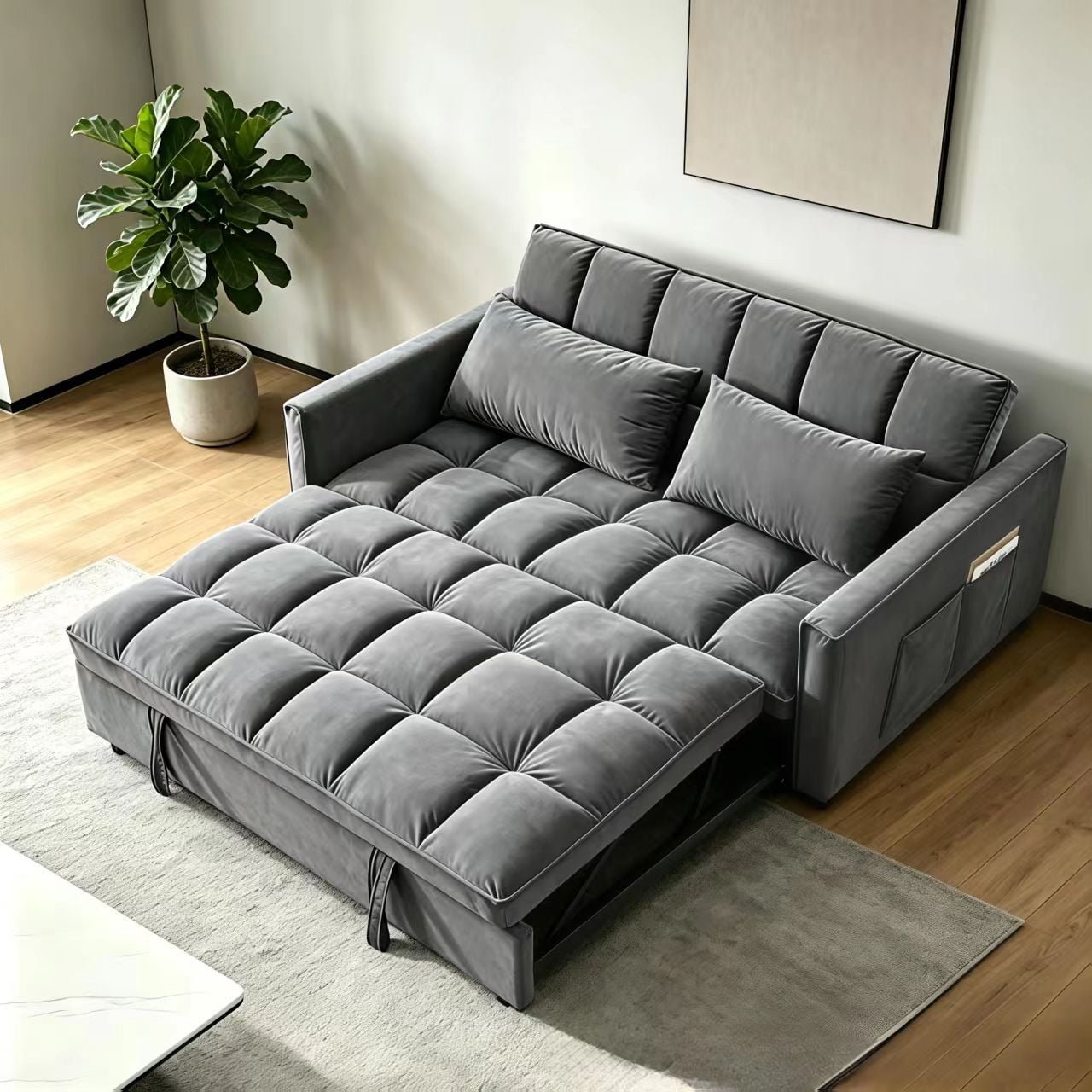 3-IN-1 Convertible Sofa Bed | Compact 2-seater sofa bed | 53.5-inch Velvet Fabric Sofa | Suitable for apartments, small flats, motorhomes, children's rooms, client reception areas, office rest areas,