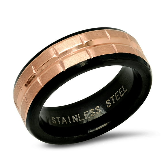 Men's Two Tone 18k Rose Gold Plated black IP Stainless Steel Ring with Texture Details