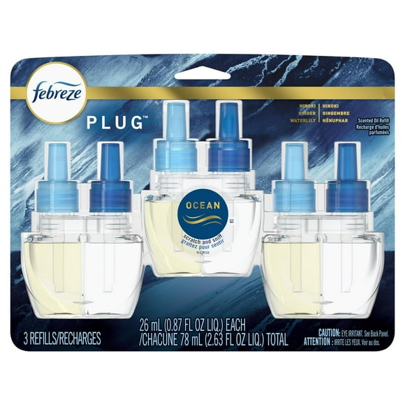 Febreze Plug In Air Freshener, Odor-Fighting Scented Oil Refill, Ocean Scent, 3 Refills