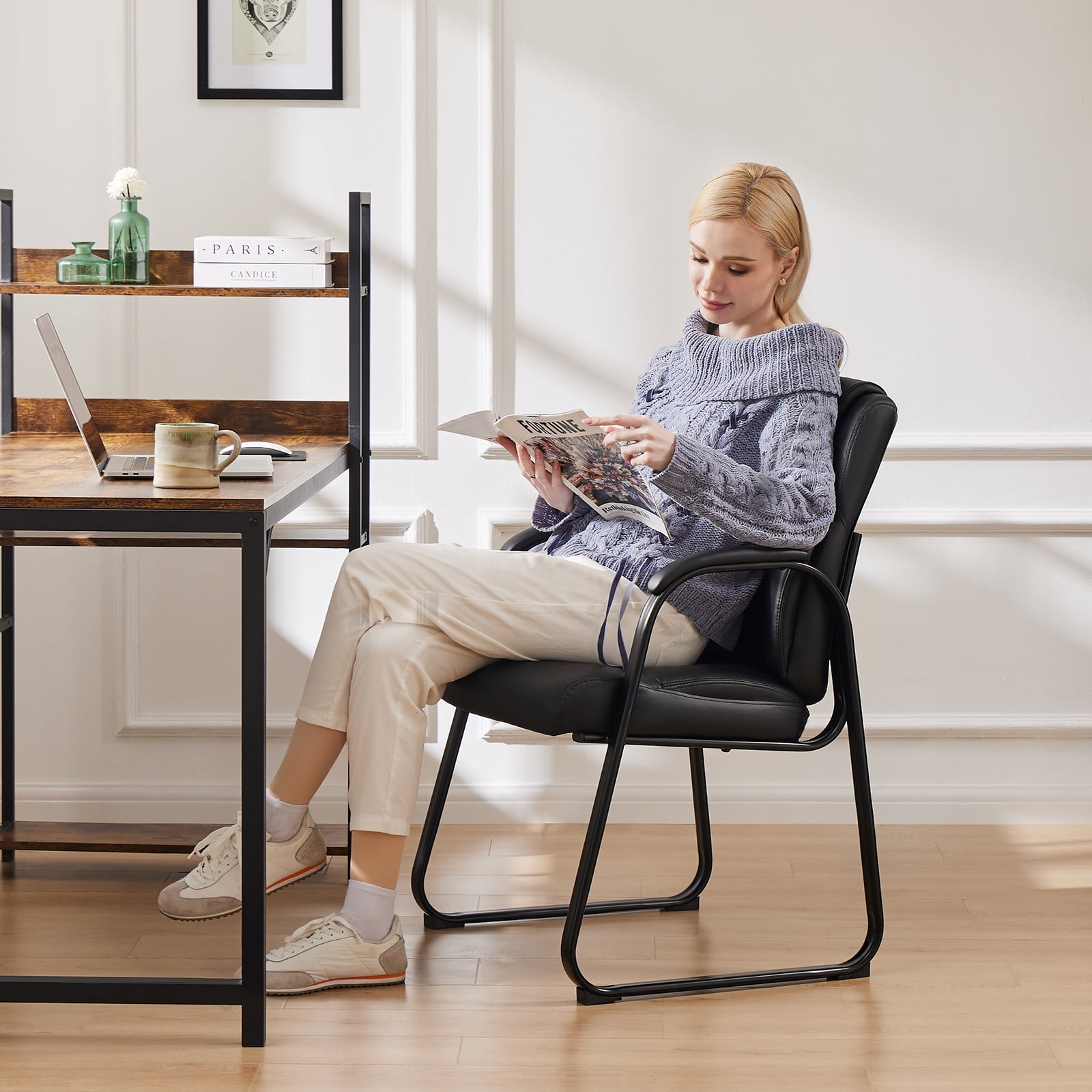 MAYEERTY Guest Chair, Reception Chair with Fixed PU Leather Padded Armrests for Office Waiting Room, Black, 1 Pack