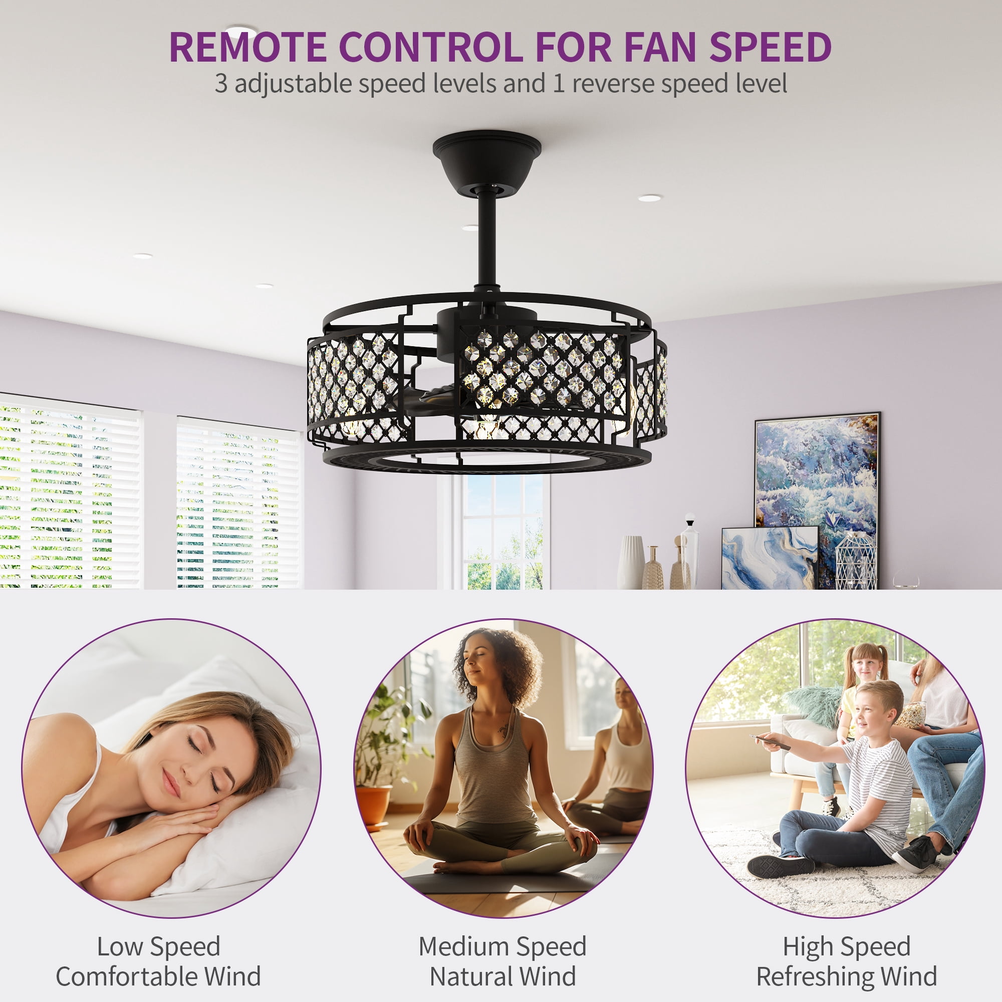 Uforic Industrial Ceiling Fan with Remote, Indoor Crystal Chandelier Fan for Living Room, Black