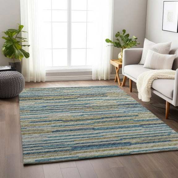Addison Rugs Mayfield Washable Transitional Stripes, Bars, Horizontal Lines Blue Rectangle Rug, 10' x 14'