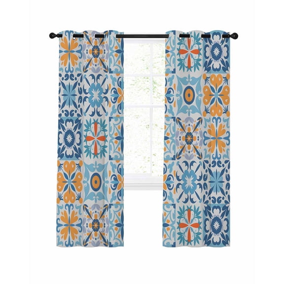 Blue Mediterranean Blackout Curtains, Light Blocking Print Window Curtains, Vintage Moroccan Tiles Texture Thermal Insulated Window Drapes for Living Room Kitchen Cafe 2 Panels, 84"W x 84"L