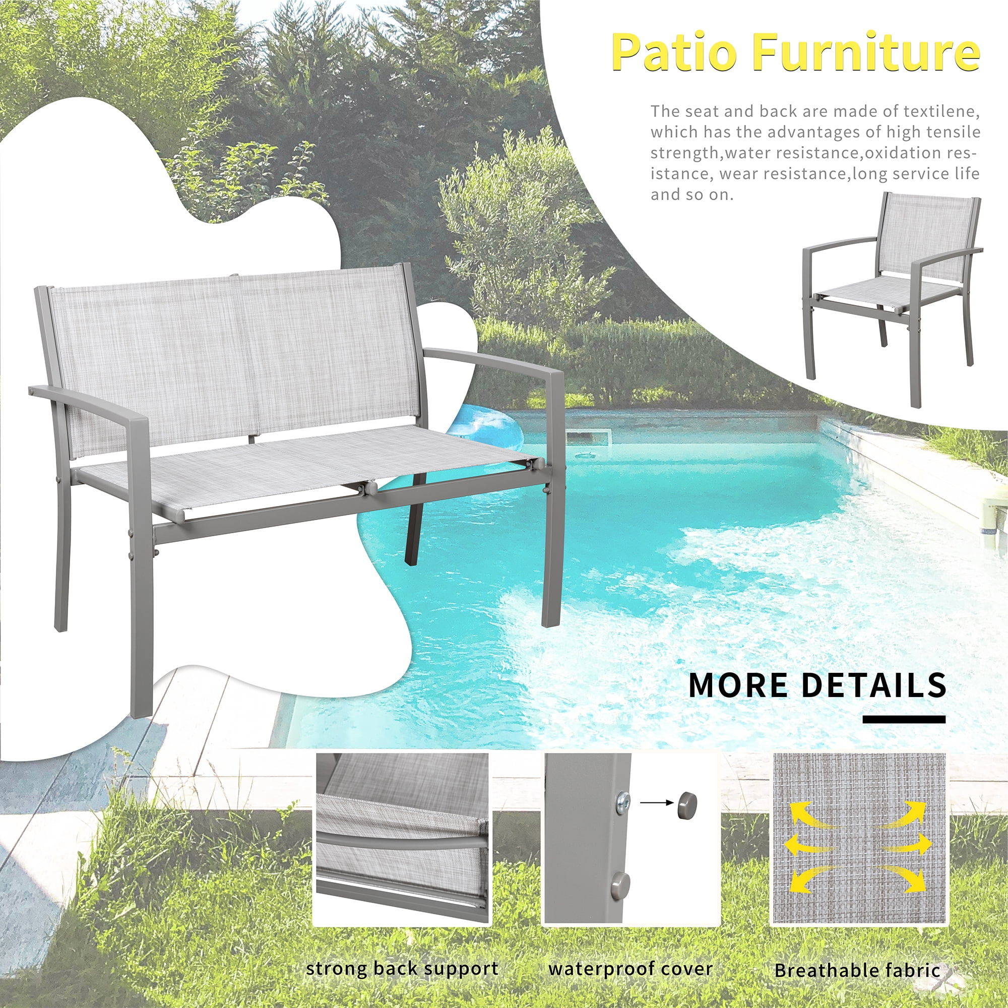 Walsunny 4 Pieces Outdoor Furniture Set All Weather Patio Textilene Steel Conversation Set, Patio Furniture Set Bistro Set with Loveseat ea Table for Lawn and Balcony, Silver