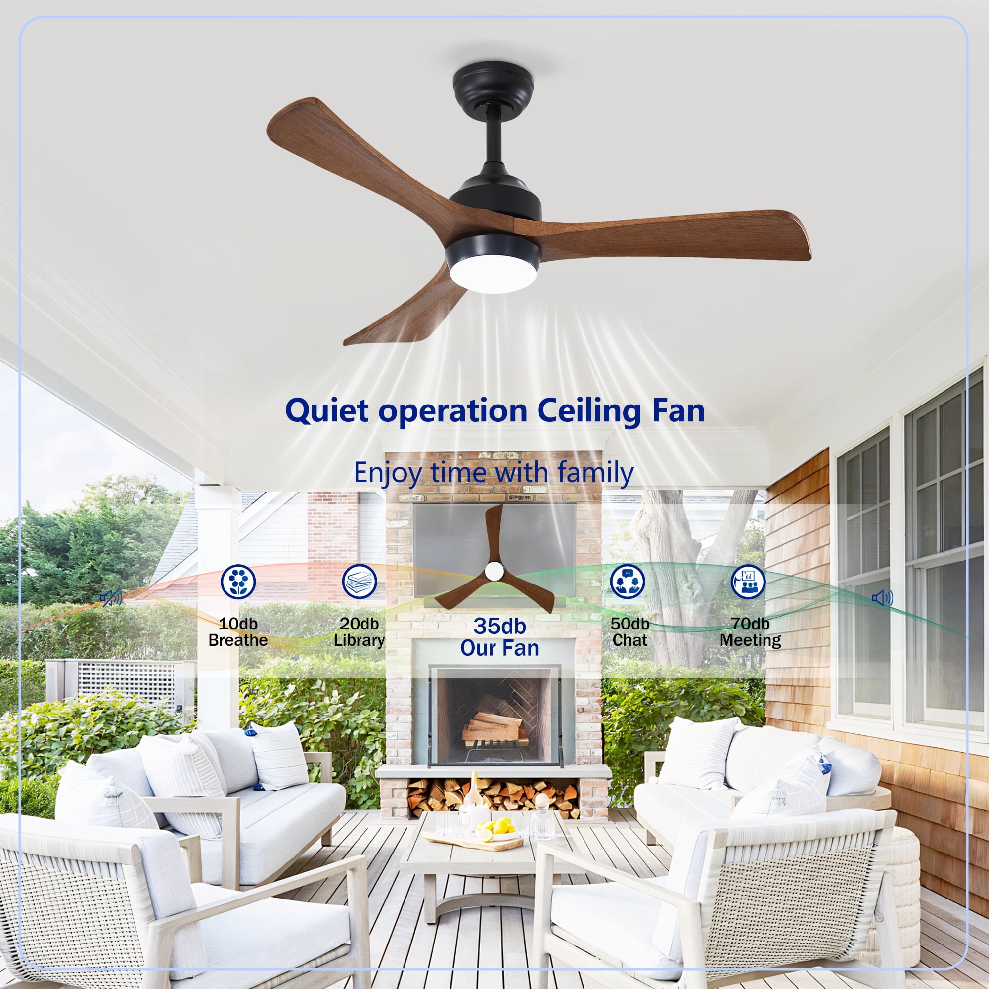 Leumius 42" Solid Wood Blades Ceiling Fan with Light and Remote Control,Quiet DC Motor 3 Blade Ceiling Fans 6 Speed Levels,Reversible for Patio Living Room Bedroom Office Black
