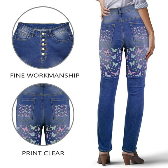 Ladies Printed Jeans - Pastel Butterfly Women's Jeans (Back Printing) - S