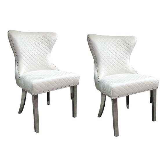 Anova Side Dining Chair Set of 2-Rivet Trim-Silver Stainless Steel-White Fabric