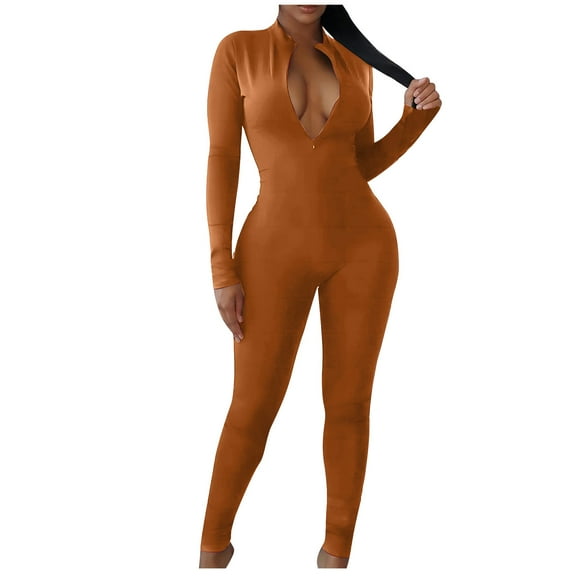 Bodycon Jumpsuit for Women Sexy Workout Long Sleeve Rompers Zipper Night Out Clothes One Piece Solid Club Outfits