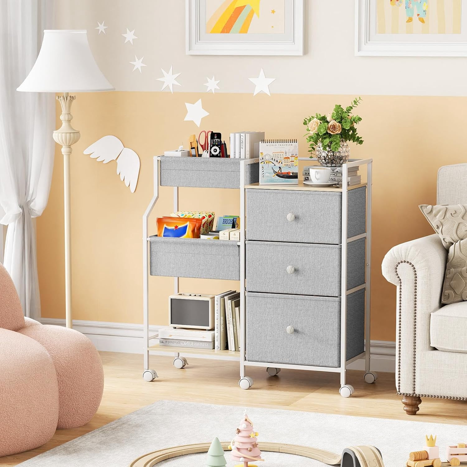 Baby Organizer and Storage - 3 Tier Rolling Cart with Dividers and Drawers, Easy To Assemble, Mobile Utility Cart with Wheels for Nursery, Bedroom, Changing Table & Crib, Light Gray