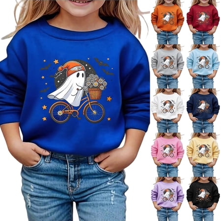 YOUYEDIAN Halloween Sweatshirt Shirt Bike Riding Ghost Kids Comfy Hoodie Floral Daisy Bat Graphic Crewneck Long Sleeve Fall Tops for Children
