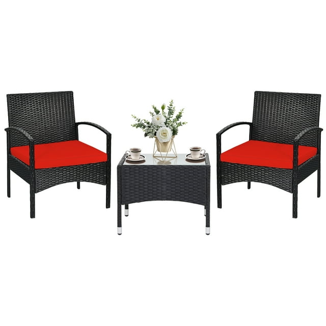 Patiojoy 3 PCS Patio Rattan Cushioned Chair Side Table Set Bistro Set Classic Furniture Single Sofa Thick Cushion for Garden Red