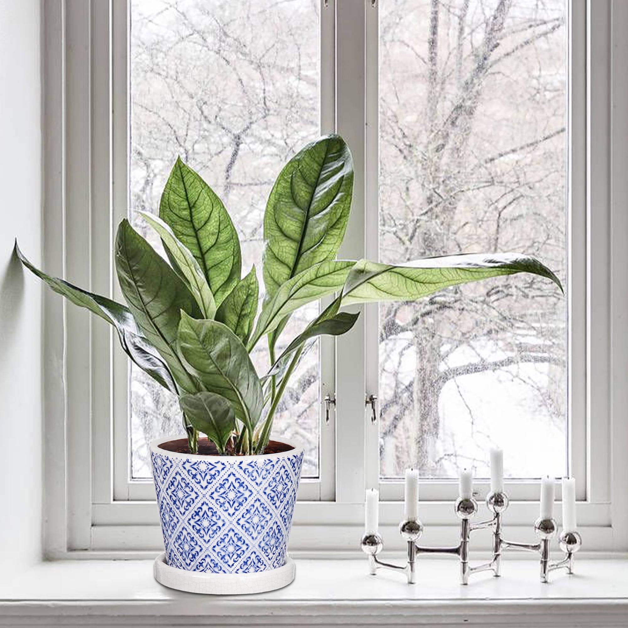 Set of 3 Decorative Plant Pots Blue and White Flower Pot, Round Ceramic Planters for Indoor Plants Pots with Drainage Hole Saucers, Retro Planter Pot for Succulents Cactus Outdoor Garden, 5.5/5.7 Inch